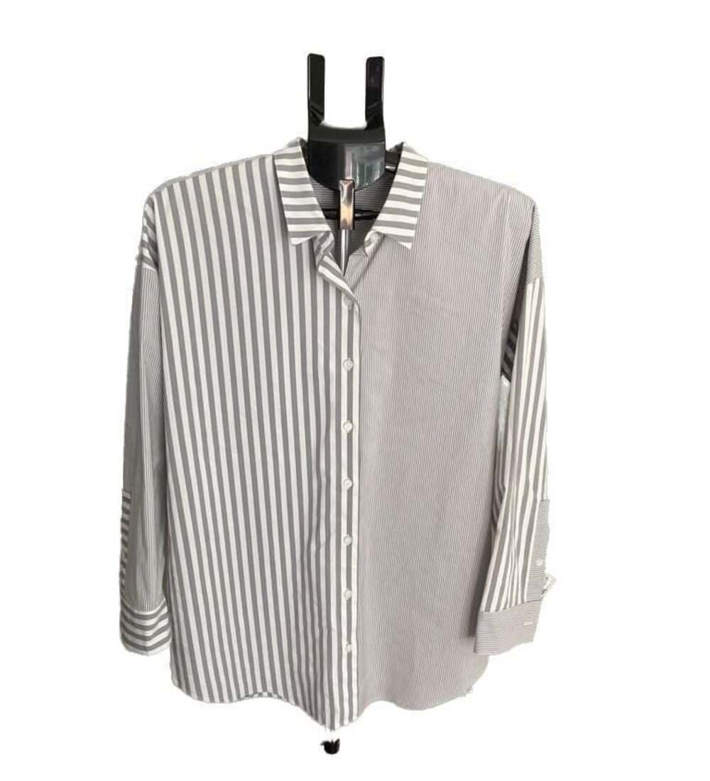 Workwear, Mixed Gray Stripe Button Down Shirt, M, Poplin , Capsule Wardrobe